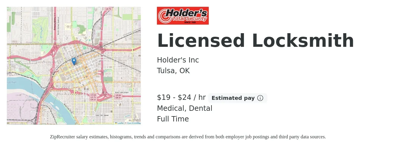 Holder's Inc job posting for a Licensed Locksmith in Tulsa, OK with a salary of $20 to $25 Hourly and benefits including dental, medical, and retirement with a map of Tulsa location.