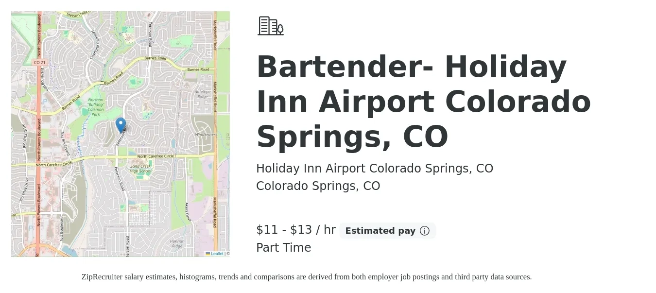 Holiday Inn Airport Colorado Springs, CO job posting for a Bartender- Holiday Inn Airport Colorado Springs, CO in Colorado Springs, CO with a salary of $12 to $14 Hourly with a map of Colorado Springs location.