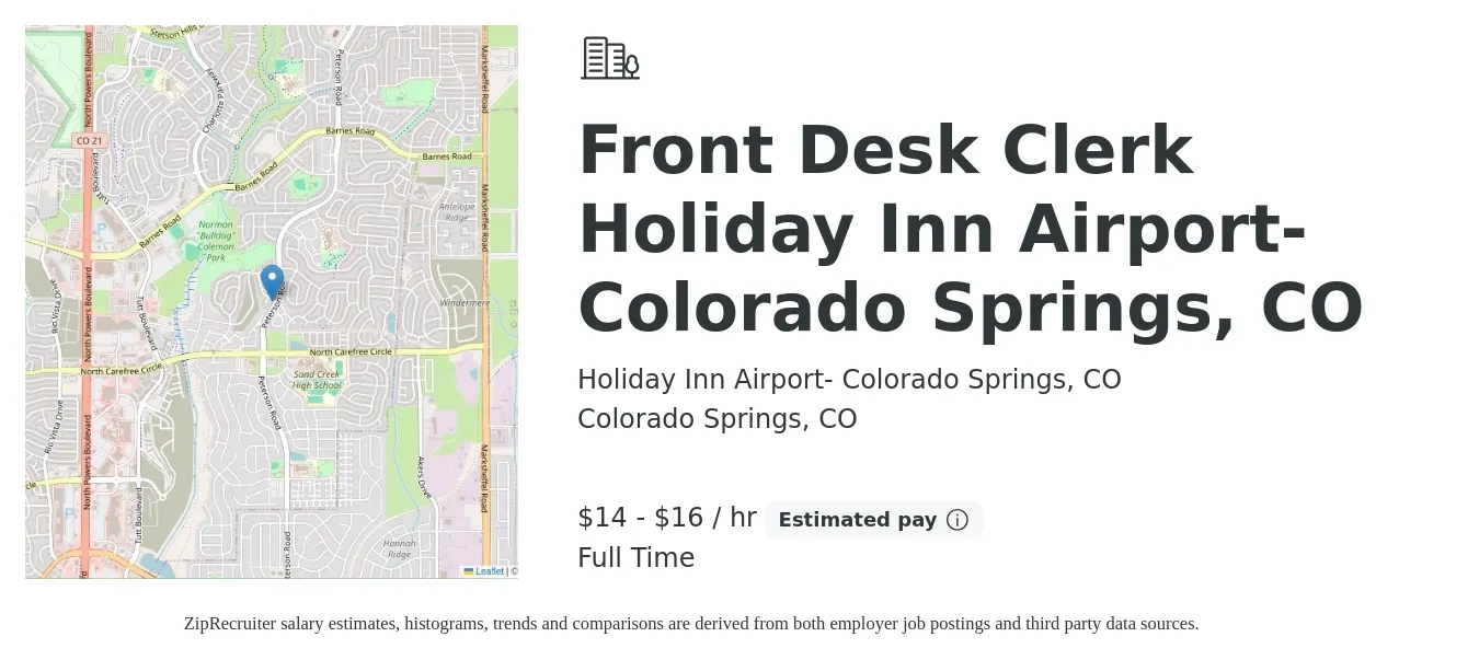 Holiday Inn Airport- Colorado Springs, CO job posting for a Front Desk Clerk Holiday Inn Airport- Colorado Springs, CO in Colorado Springs, CO with a salary of $15 to $17 Hourly with a map of Colorado Springs location.