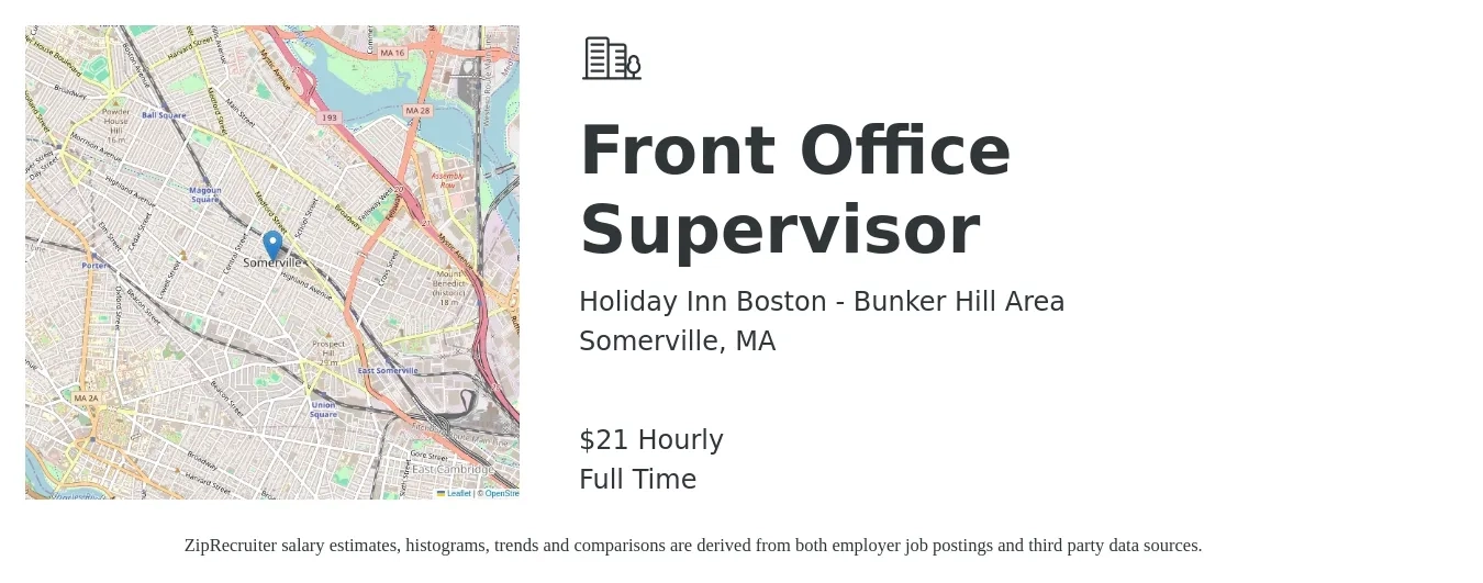 Holiday Inn Boston - Bunker Hill Area job posting for a Front Office Supervisor in Somerville, MA with a salary of $22 Hourly with a map of Somerville location.