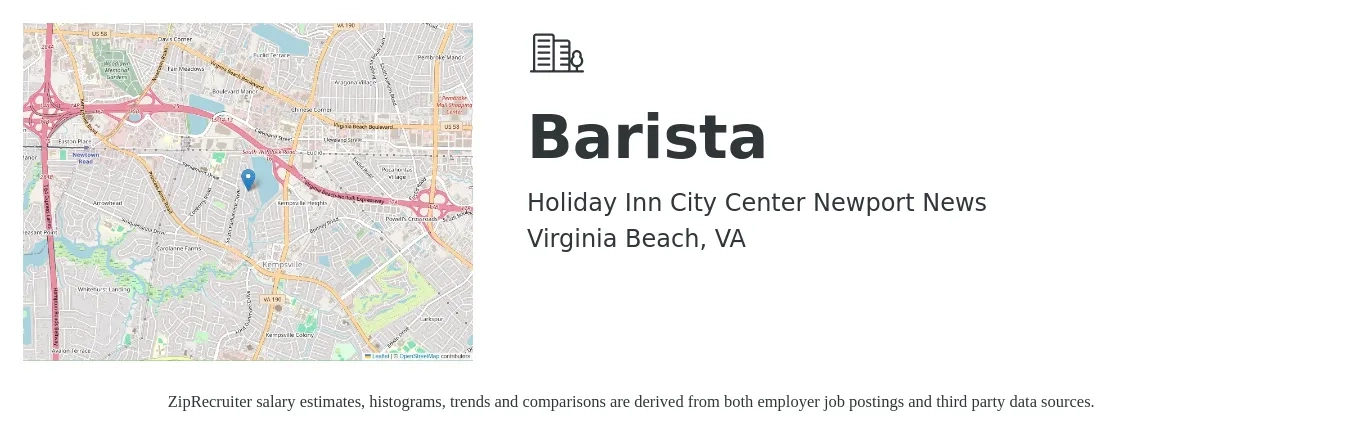 Holiday Inn City Center Newport News job posting for a Barista in Virginia Beach, VA with a salary of $14 to $16 Hourly with a map of Virginia Beach location.