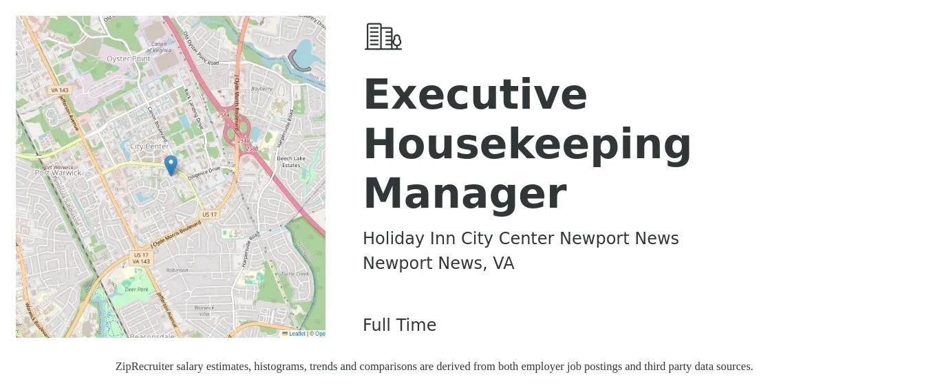 Holiday Inn City Center Newport News job posting for a Executive Housekeeping Manager in Newport News, VA with a salary of $16 to $25 Hourly with a map of Newport News location.