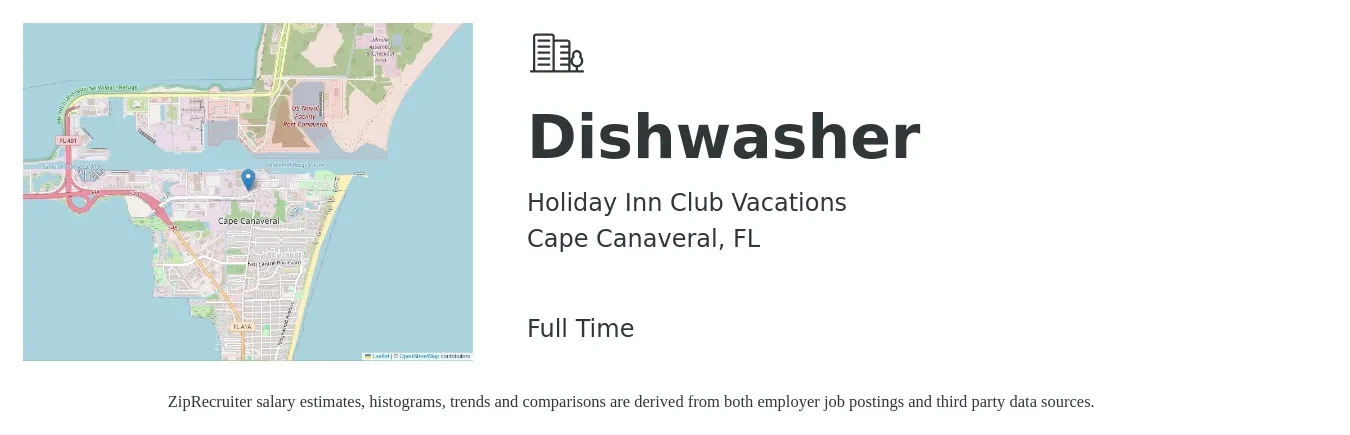 Holiday Inn Club Vacations job posting for a Dishwasher in Cape Canaveral, FL with a salary of $11 to $14 Hourly with a map of Cape Canaveral location.