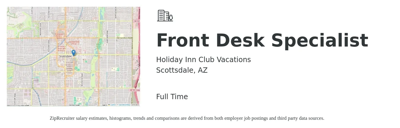 Holiday Inn Club Vacations job posting for a Front Desk Specialist in Scottsdale, AZ with a salary of $16 to $20 Hourly with a map of Scottsdale location.
