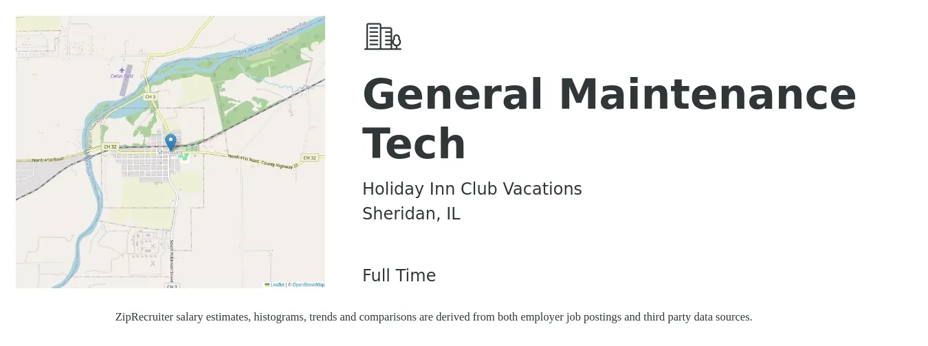 Holiday Inn Club Vacations job posting for a General Maintenance Tech in Sheridan, IL with a salary of $17 to $23 Hourly with a map of Sheridan location.