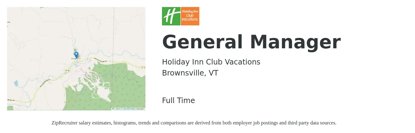 Holiday Inn Club Vacations job posting for a General Manager in Brownsville, VT with a salary of $50,800 to $75,900 Yearly with a map of Brownsville location.