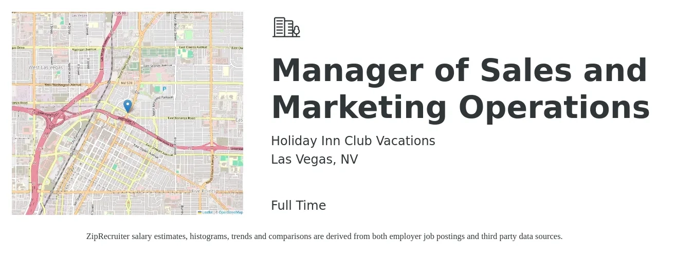 Holiday Inn Club Vacations job posting for a Manager of Sales and Marketing Operations in Las Vegas, NV with a salary of $75,000 to $106,100 Yearly with a map of Las Vegas location.
