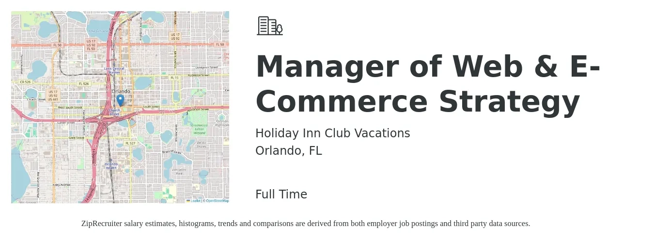 Holiday Inn Club Vacations job posting for a Manager of Web & E-Commerce Strategy in Orlando, FL with a salary of $54,100 to $89,600 Yearly with a map of Orlando location.
