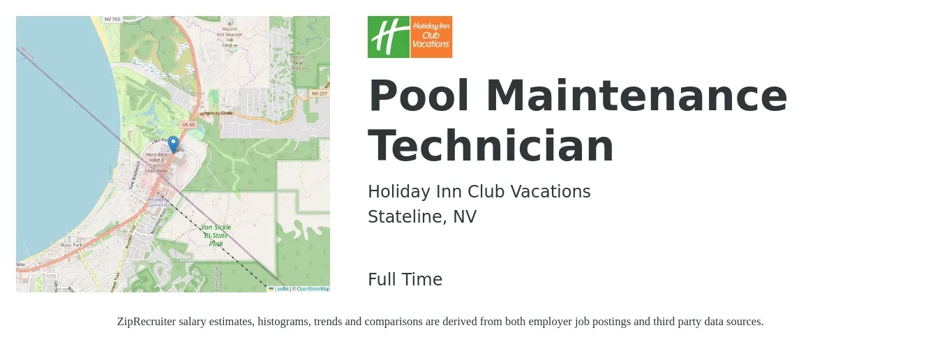 Holiday Inn Club Vacations job posting for a Pool Maintenance Technician in Stateline, NV with a salary of $18 to $23 Hourly with a map of Stateline location.
