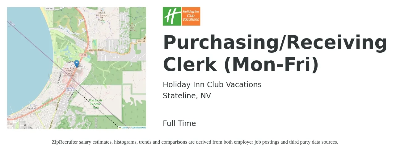 Holiday Inn Club Vacations job posting for a Purchasing/Receiving Clerk (Mon-Fri) in Stateline, NV with a salary of $17 to $20 Hourly with a map of Stateline location.