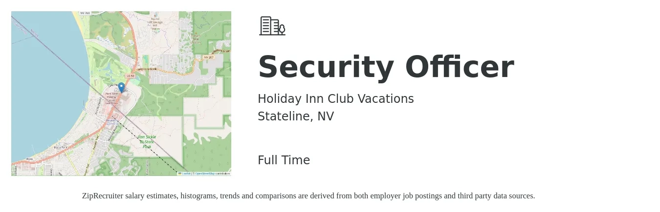 Holiday Inn Club Vacations job posting for a Security Officer in Stateline, NV with a salary of $17 to $20 Hourly with a map of Stateline location.