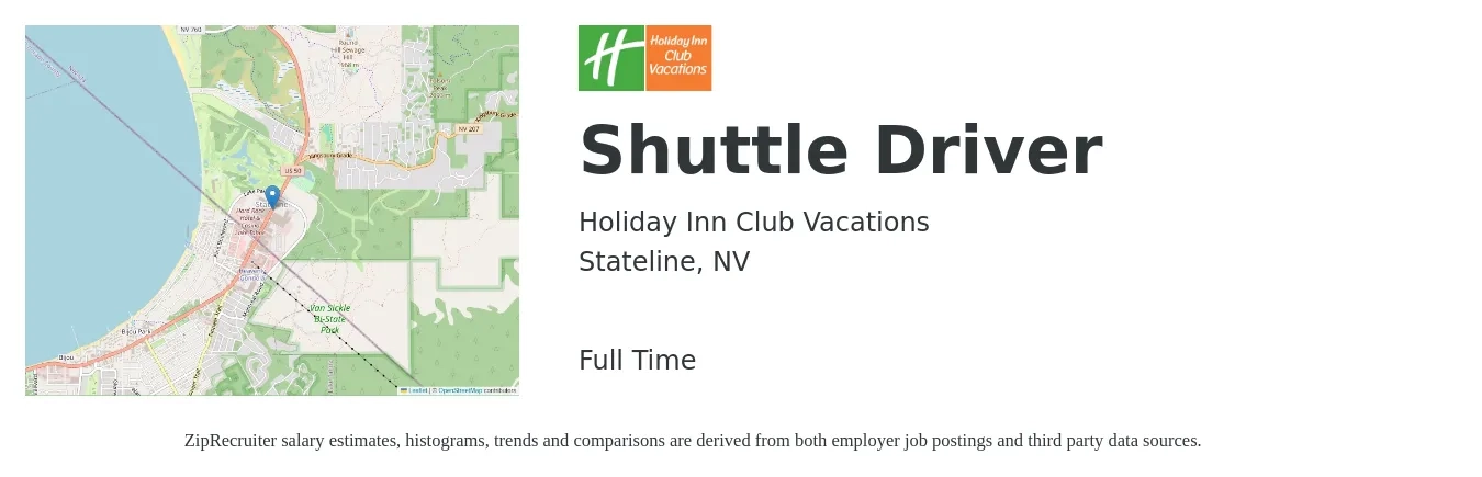 Holiday Inn Club Vacations job posting for a Shuttle Driver in Stateline, NV with a salary of $16 to $22 Hourly with a map of Stateline location.