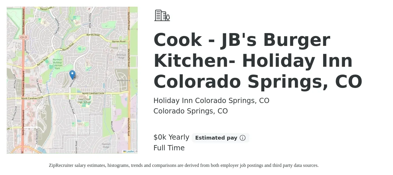 Holiday Inn Colorado Springs, CO job posting for a Cook - JB's Burger Kitchen- Holiday Inn Colorado Springs, CO in Colorado Springs, CO with a salary of $15 to $17 Yearly with a map of Colorado Springs location.