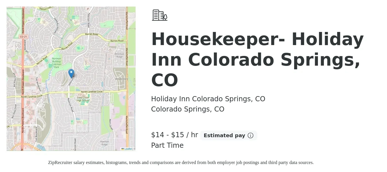 Holiday Inn Colorado Springs, CO job posting for a Housekeeper- Holiday Inn Colorado Springs, CO in Colorado Springs, CO with a salary of $15 to $16 Hourly with a map of Colorado Springs location.