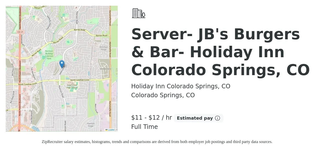 Holiday Inn Colorado Springs, CO job posting for a Server- JB's Burgers & Bar- Holiday Inn Colorado Springs, CO in Colorado Springs, CO with a salary of $12 to $13 Hourly with a map of Colorado Springs location.