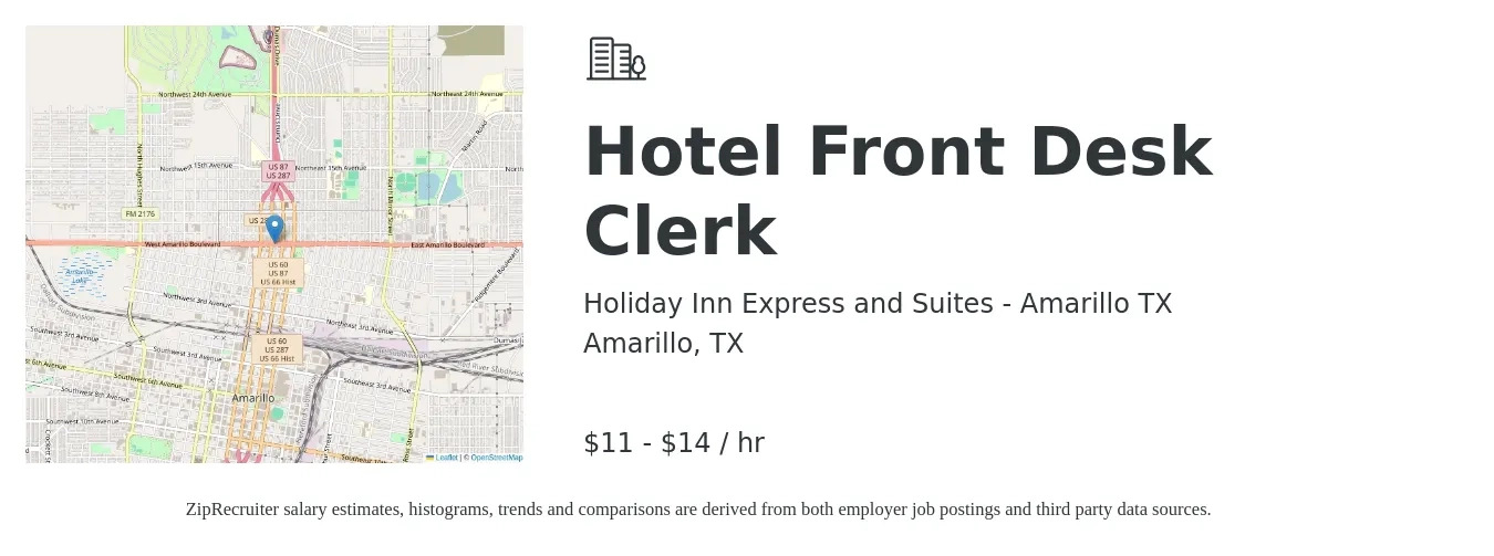 Holiday Inn Express and Suites - Amarillo TX job posting for a Hotel Front Desk Clerk in Amarillo, TX with a salary of $12 to $15 Hourly with a map of Amarillo location.