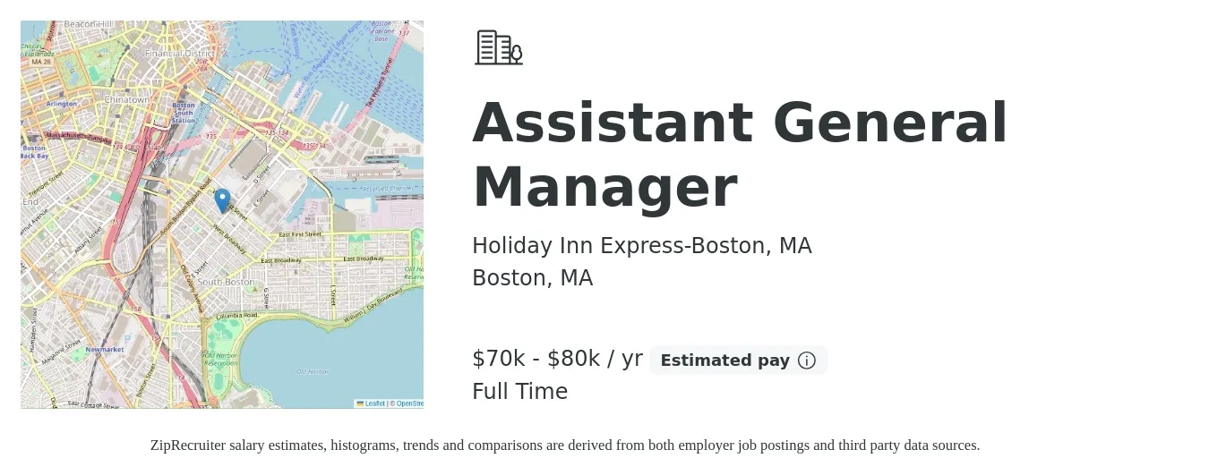 Holiday Inn Express-Boston, MA job posting for a Assistant General Manager in Boston, MA with a salary of $18 to $27 Hourly with a map of Boston location.