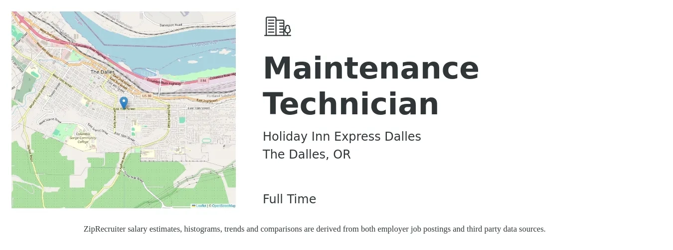 Holiday Inn Express Dalles job posting for a Maintenance Technician in The Dalles, OR with a salary of $20 to $28 Hourly with a map of The Dalles location.