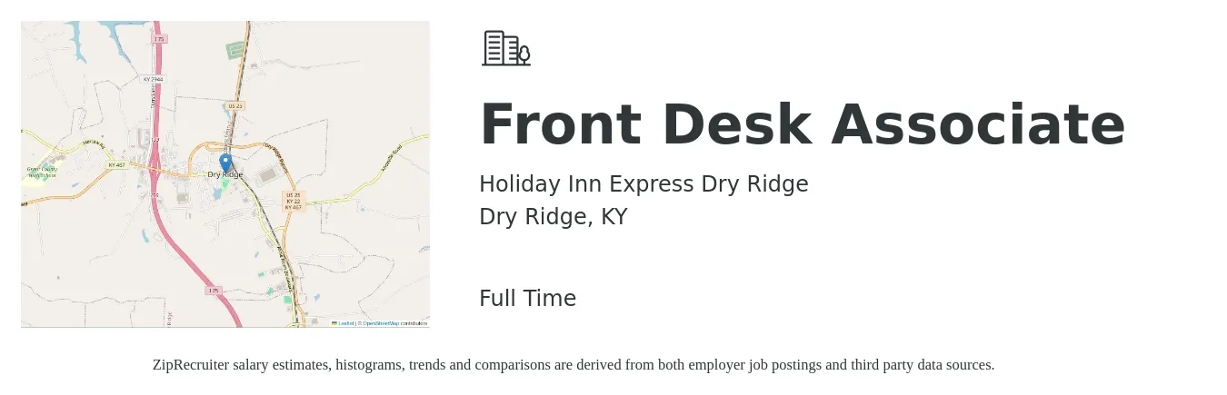 Holiday Inn Express Dry Ridge job posting for a Front Desk Associate in Dry Ridge, KY with a salary of $13 to $16 Hourly with a map of Dry Ridge location.