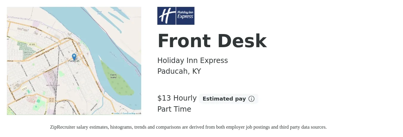 Holiday Inn Express job posting for a Front Desk in Paducah, KY with a salary of $14 Hourly with a map of Paducah location.