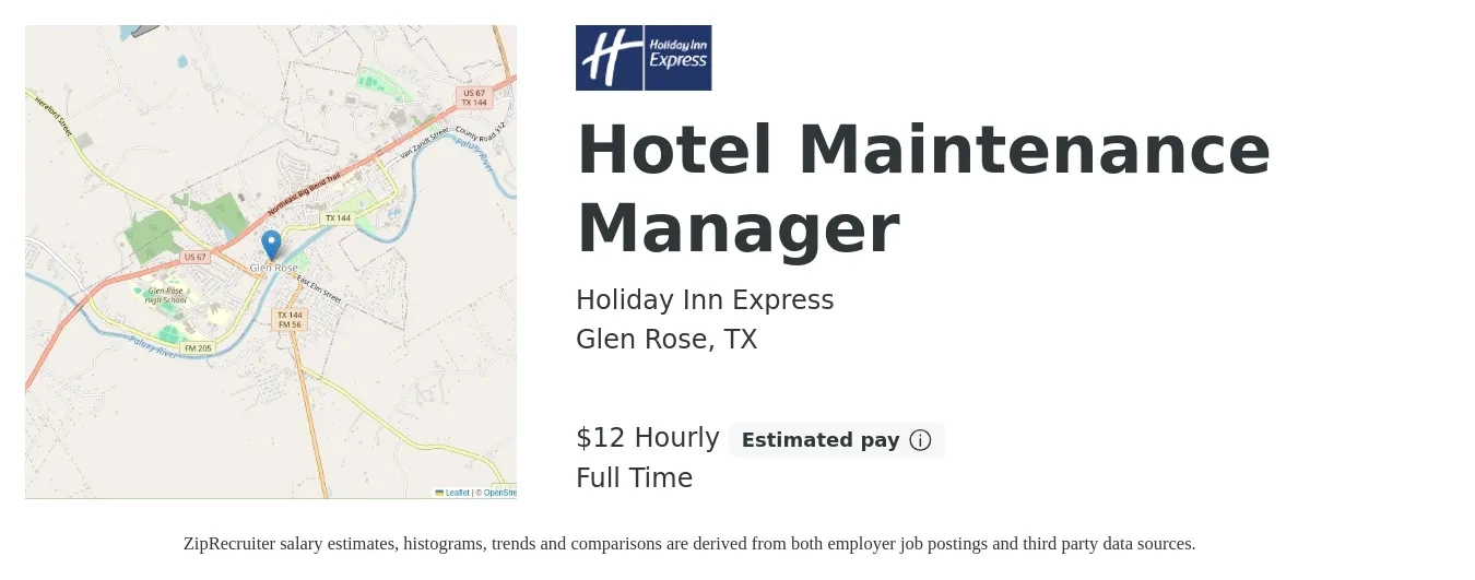 Holiday Inn Express job posting for a Hotel Maintenance Manager in Glen Rose, TX with a salary of $13 Hourly with a map of Glen Rose location.