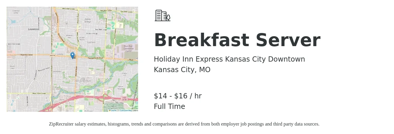 Holiday Inn Express Kansas City Downtown job posting for a Breakfast Server in Kansas City, MO with a salary of $15 to $17 Hourly with a map of Kansas City location.