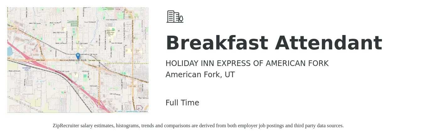 HOLIDAY INN EXPRESS OF AMERICAN FORK job posting for a Breakfast Attendant in American Fork, UT with a salary of $12 to $14 Hourly with a map of American Fork location.