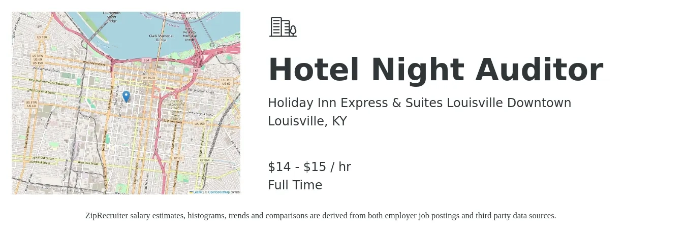 Holiday Inn Express & Suites Louisville Downtown job posting for a Hotel Night Auditor in Louisville, KY with a salary of $15 to $16 Hourly with a map of Louisville location.