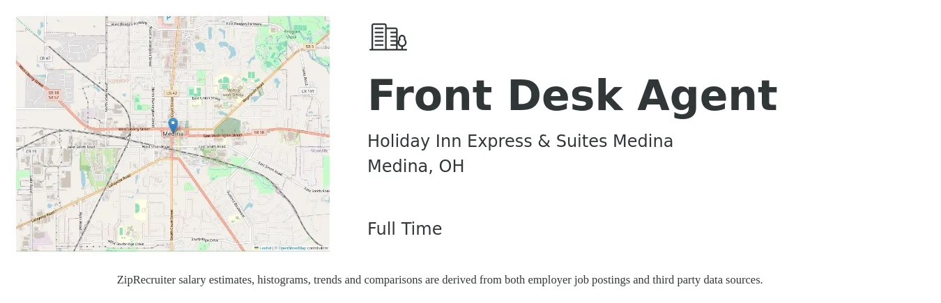 Holiday Inn Express & Suites Medina job posting for a Front Desk Agent in Medina, OH with a salary of $13 to $16 Hourly with a map of Medina location.
