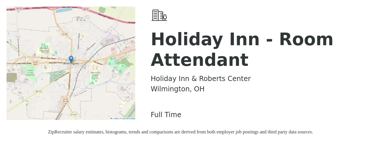 Holiday Inn & Roberts Center job posting for a Holiday Inn - Room Attendant in Wilmington, OH with a salary of $12 to $16 Hourly with a map of Wilmington location.