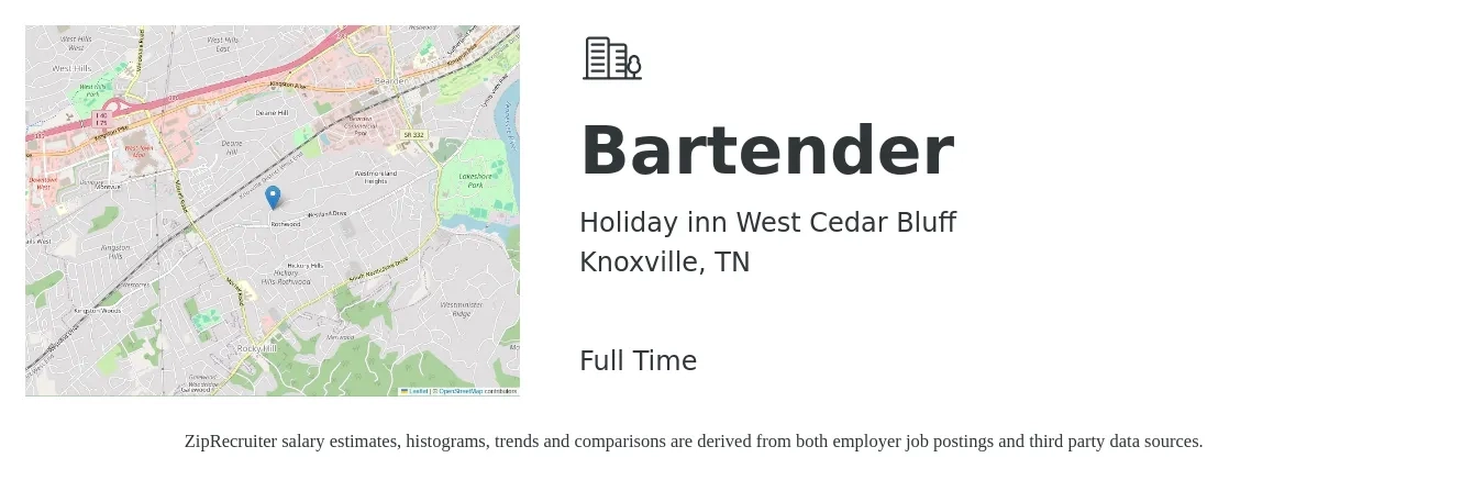 Holiday inn West Cedar Bluff job posting for a Bartender in Knoxville, TN with a salary of $10 to $18 Hourly with a map of Knoxville location.