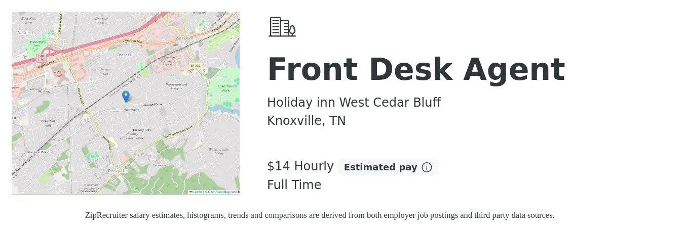 Holiday inn West Cedar Bluff job posting for a Front Desk Agent in Knoxville, TN with a salary of $15 Hourly with a map of Knoxville location.