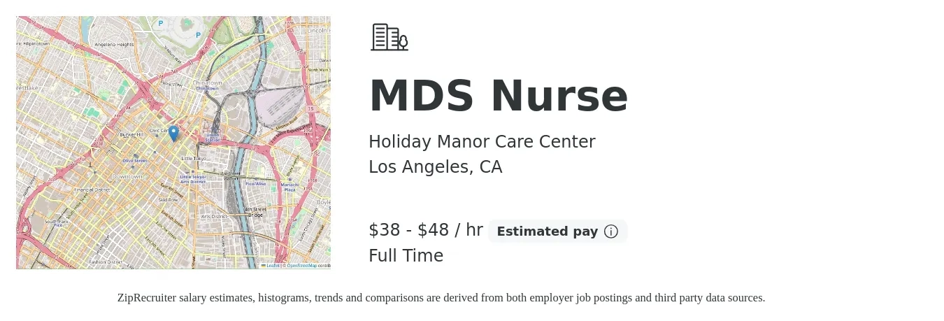 Holiday Manor Care Center job posting for a MDS Nurse in Los Angeles, CA with a salary of $40 to $50 Hourly with a map of Los Angeles location.
