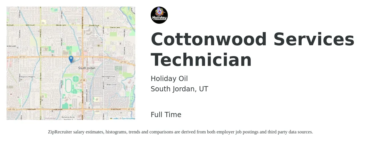 Holiday Oil job posting for a Cottonwood Services Technician in South Jordan, UT with a salary of $17 to $24 Hourly with a map of South Jordan location.