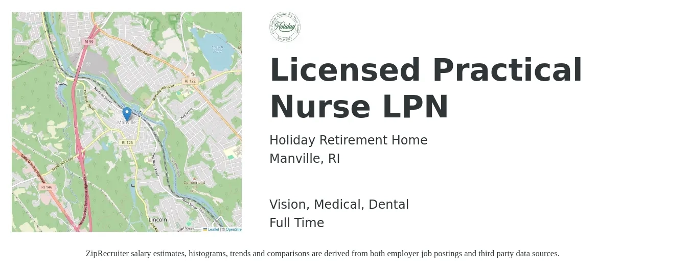 Holiday Retirement Home job posting for a Licensed Practical Nurse LPN in Manville, RI with a salary of $24 to $33 Hourly and benefits including medical, pto, retirement, vision, dental, and life_insurance with a map of Manville location.