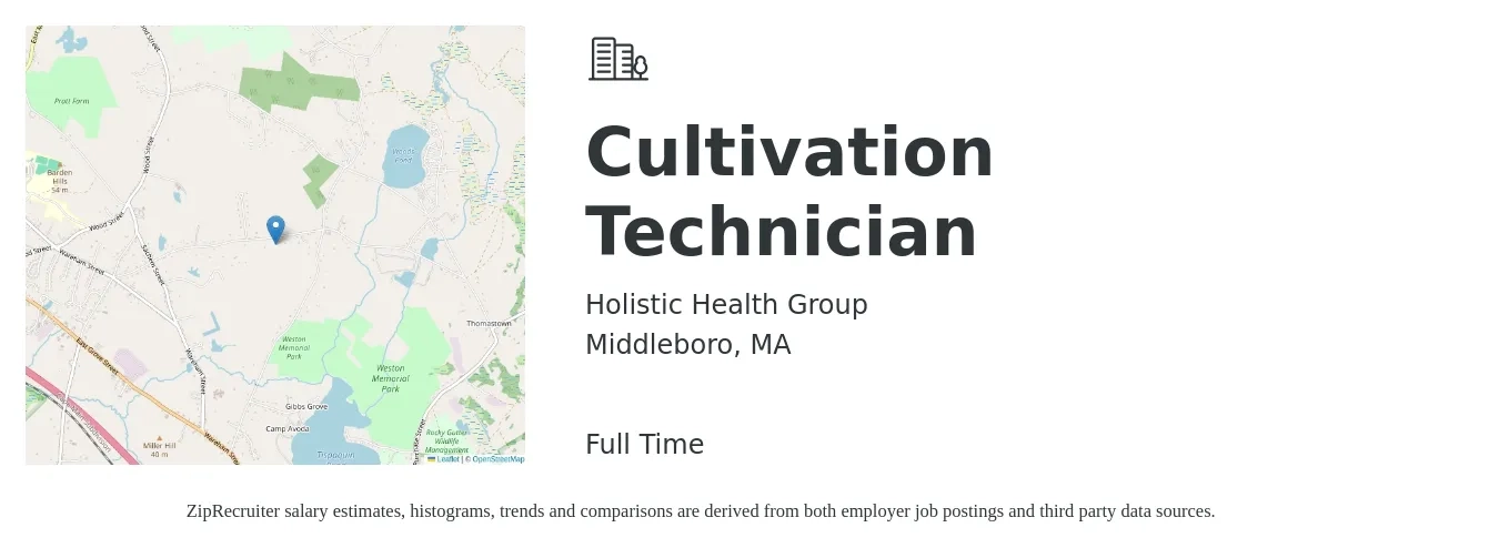 Holistic Health Group job posting for a Cultivation Technician in Middleboro, MA with a salary of $16 to $19 Hourly with a map of Middleboro location.
