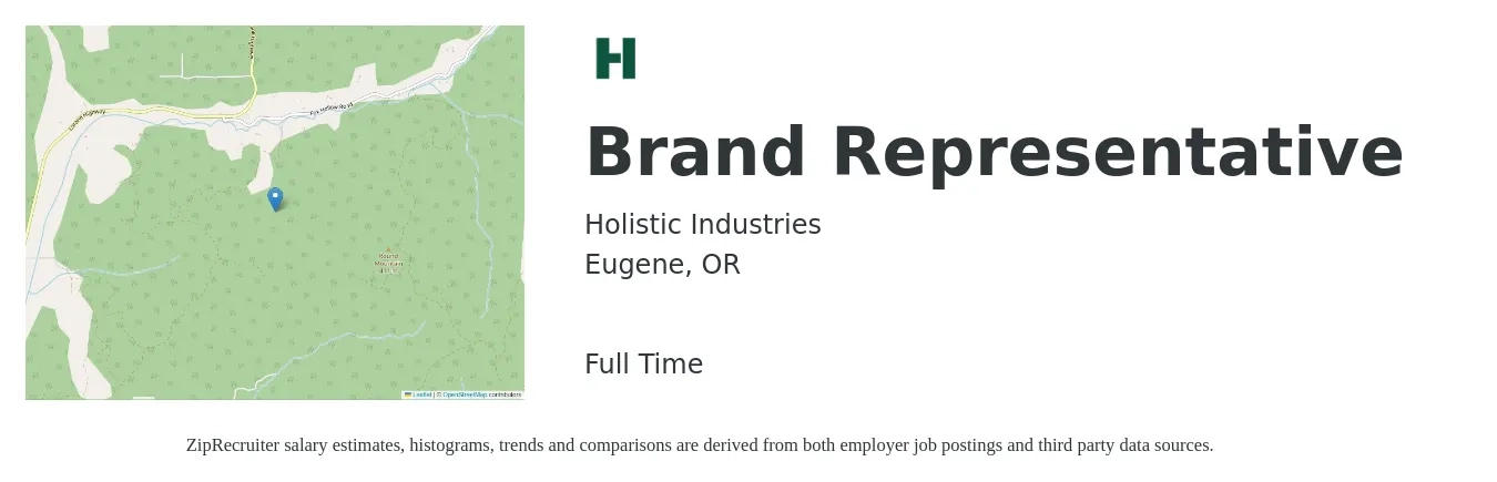 Holistic Industries job posting for a Brand Representative in Eugene, OR with a salary of $16 to $23 Hourly with a map of Eugene location.