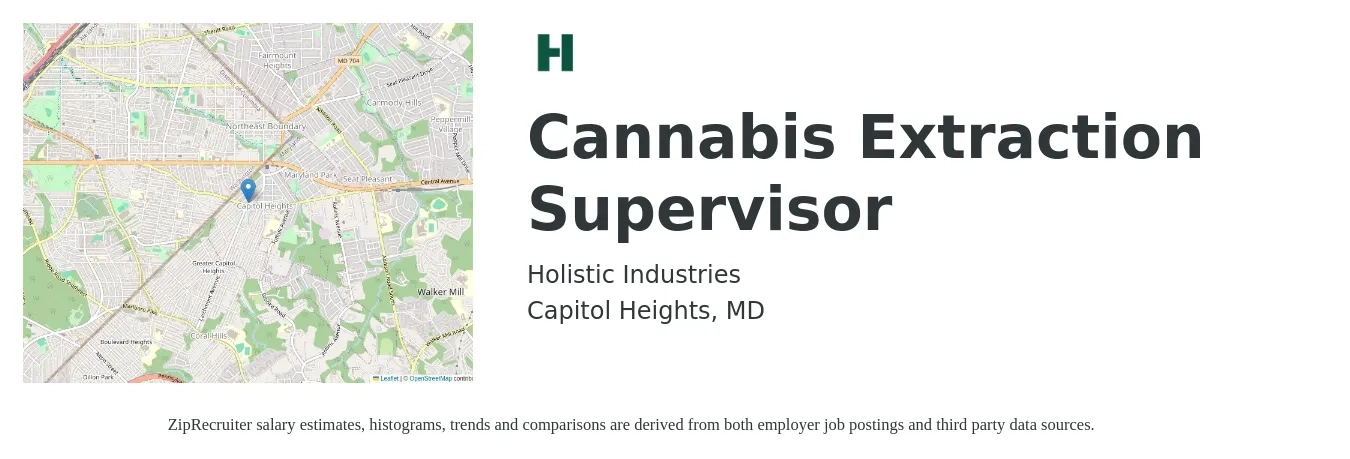Holistic Industries job posting for a Cannabis Extraction Supervisor in Capitol Heights, MD with a salary of $36,100 to $85,300 Yearly with a map of Capitol Heights location.