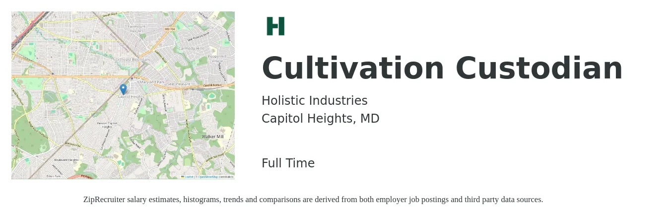 Holistic Industries job posting for a Cultivation Custodian in Capitol Heights, MD with a salary of $14 to $18 Hourly with a map of Capitol Heights location.