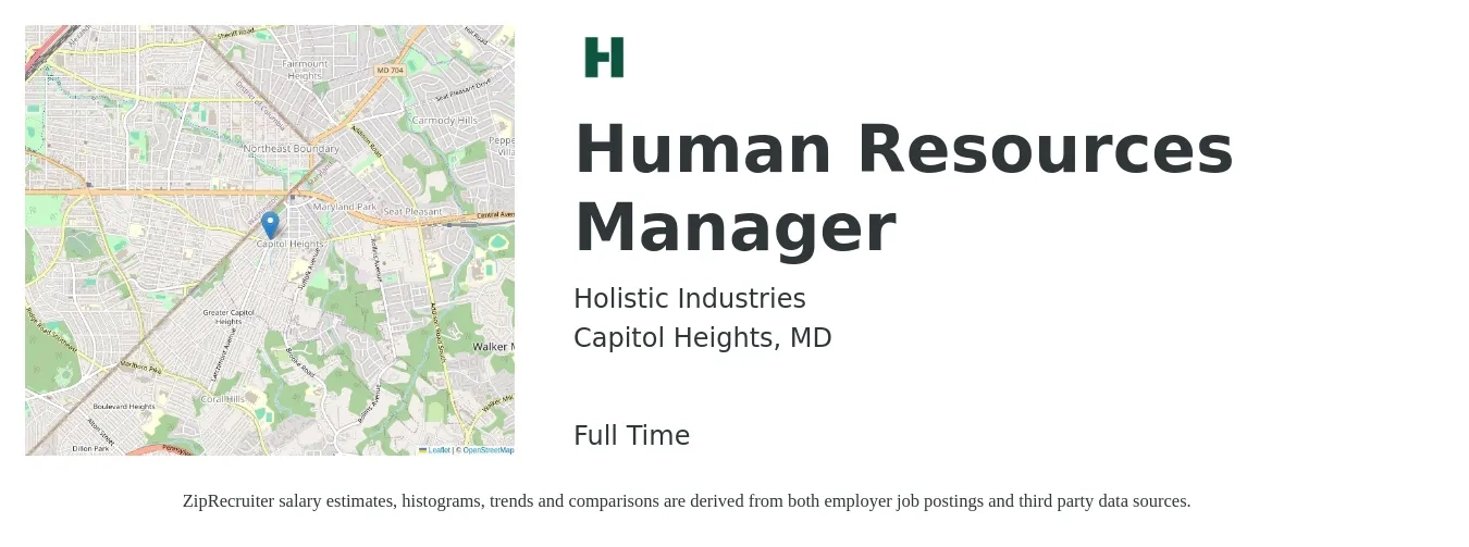 Holistic Industries job posting for a Human Resources Manager in Capitol Heights, MD with a salary of $69,300 to $100,400 Yearly with a map of Capitol Heights location.
