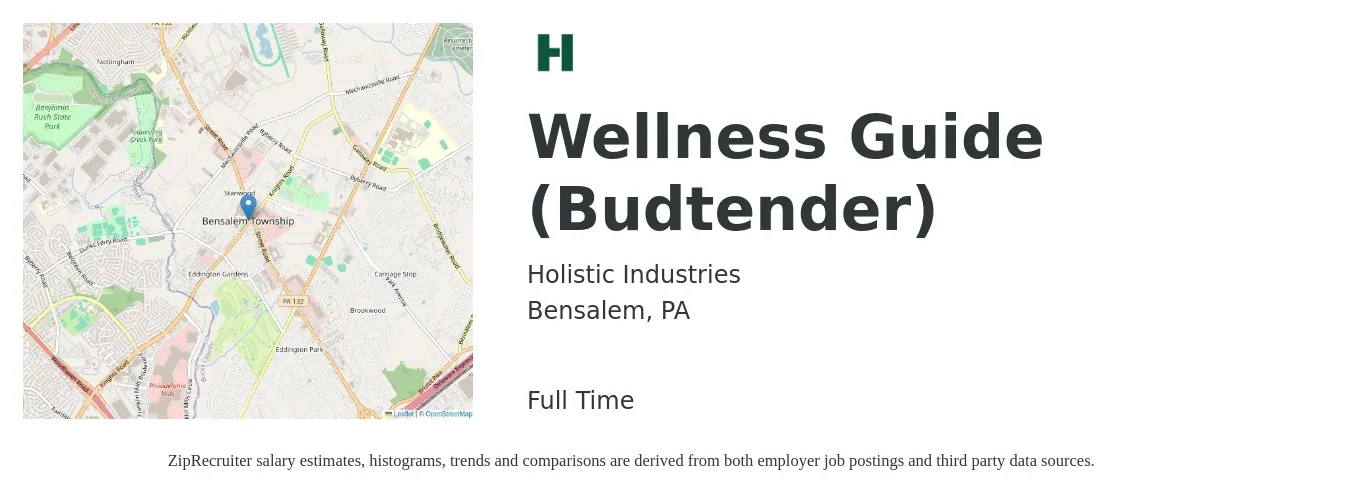 Holistic Industries job posting for a Wellness Guide (Budtender) in Bensalem, PA with a salary of $38,100 to $39,100 Yearly with a map of Bensalem location.