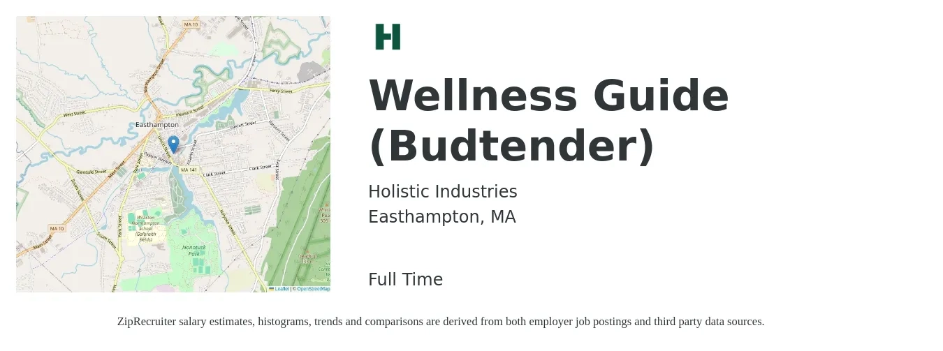 Holistic Industries job posting for a Wellness Guide (Budtender) in Easthampton, MA with a salary of $39,900 to $40,900 Yearly with a map of Easthampton location.