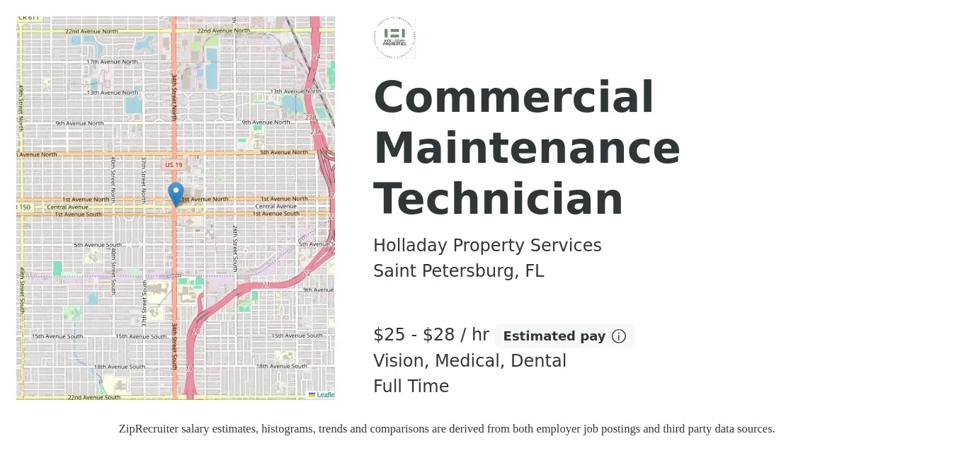 Holladay Property Services job posting for a Commercial Maintenance Technician in Saint Petersburg, FL with a salary of $26 to $30 Hourly and benefits including dental, life_insurance, medical, pto, and vision with a map of Saint Petersburg location.