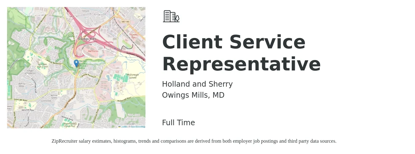 Holland and Sherry job posting for a Client Service Representative in Owings Mills, MD with a salary of $15 to $21 Hourly with a map of Owings Mills location.