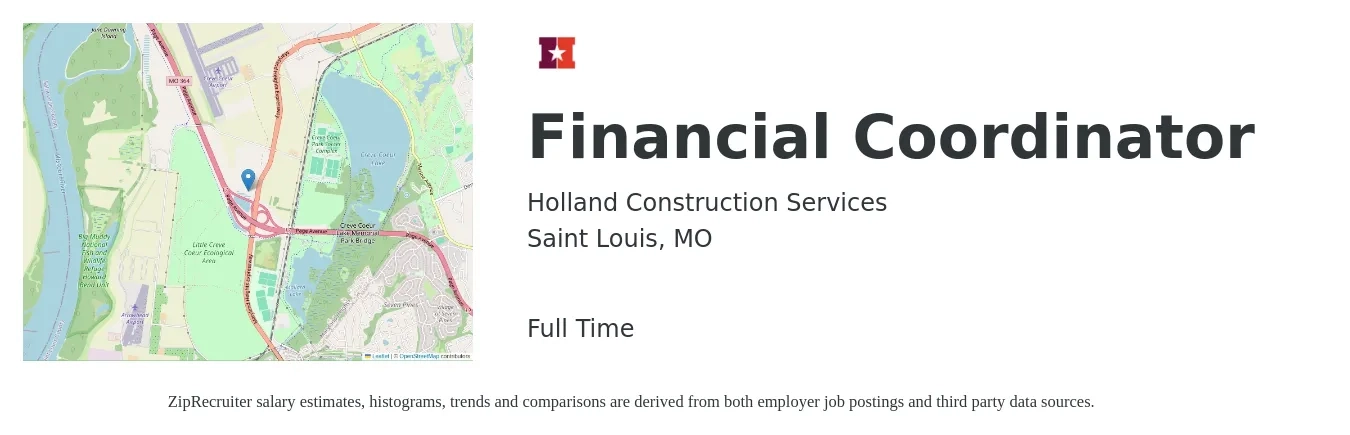 Holland Construction Services job posting for a Financial Coordinator in Saint Louis, MO with a salary of $19 to $29 Hourly with a map of Saint Louis location.