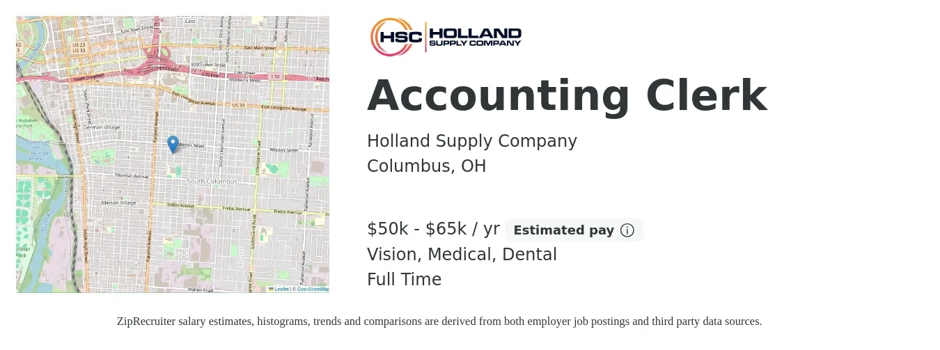 Holland Supply Company job posting for a Accounting Clerk in Columbus, OH with a salary of $50,000 to $65,000 Yearly and benefits including retirement, vision, dental, life_insurance, medical, and pto with a map of Columbus location.
