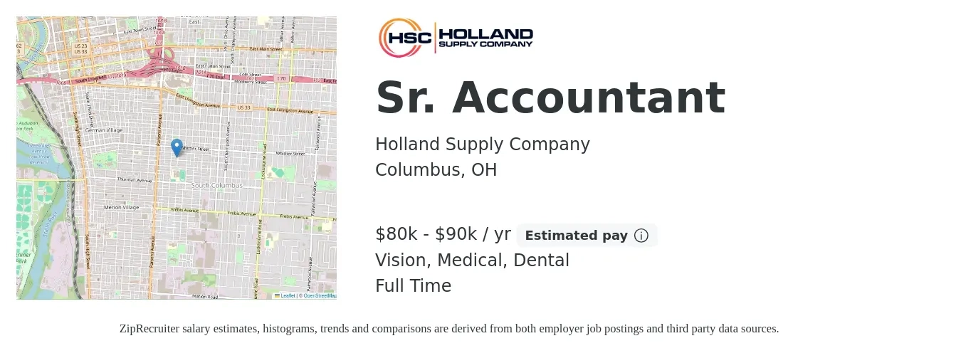 Holland Supply Company job posting for a Sr. Accountant in Columbus, OH with a salary of $80,000 to $90,000 Yearly and benefits including vision, dental, life_insurance, medical, pto, and retirement with a map of Columbus location.