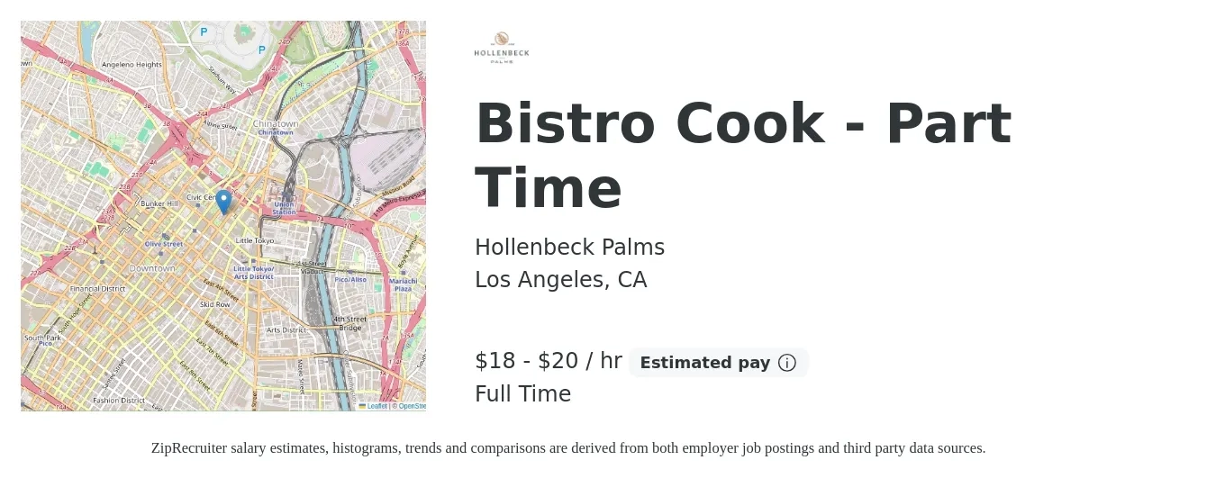 Hollenbeck Palms job posting for a Bistro Cook - Part Time in Los Angeles, CA with a salary of $19 to $21 Hourly with a map of Los Angeles location.