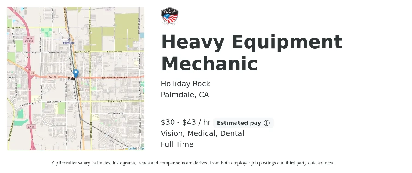 Holliday Rock job posting for a Heavy Equipment Mechanic in Palmdale, CA with a salary of $32 to $45 Hourly and benefits including life_insurance, medical, retirement, vision, and dental with a map of Palmdale location.