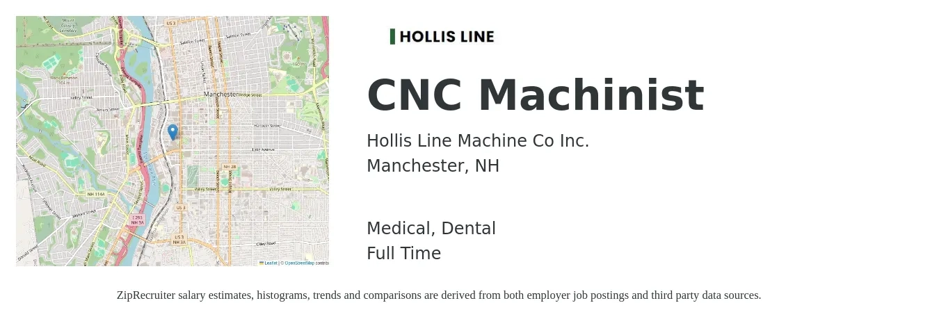 Hollis Line Machine Co Inc. job posting for a CNC Machinist in Manchester, NH with a salary of $20 to $28 Hourly and benefits including medical, pto, and dental with a map of Manchester location.